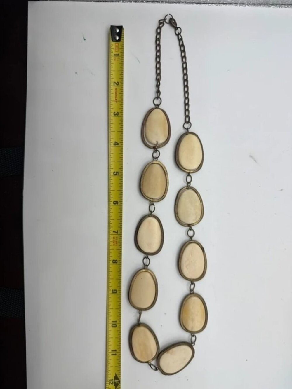 Long Cream Faux Stone Statement Necklace Antique Bronze Tone Boho - Picture 3 of 3